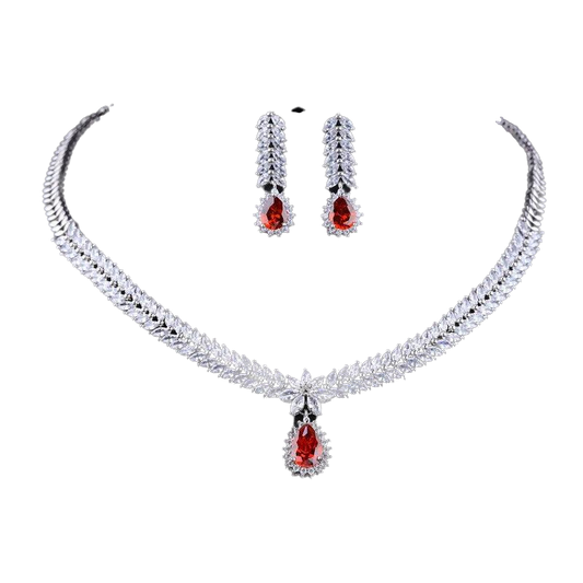 Bridal Red Silver Jewelry Set