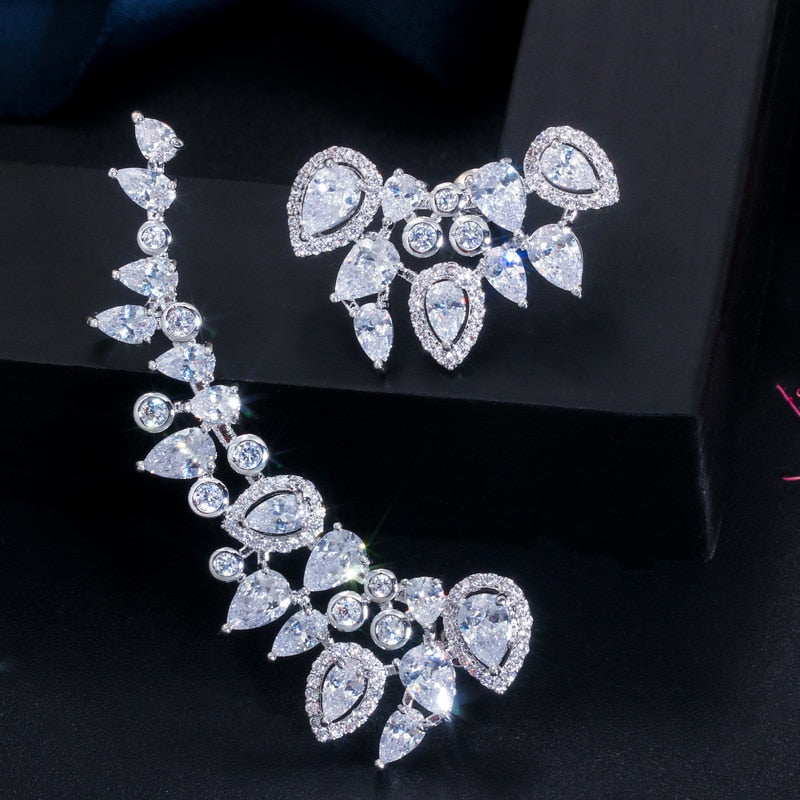 Zircon Long Ear Climber Clamp Stud Earrings