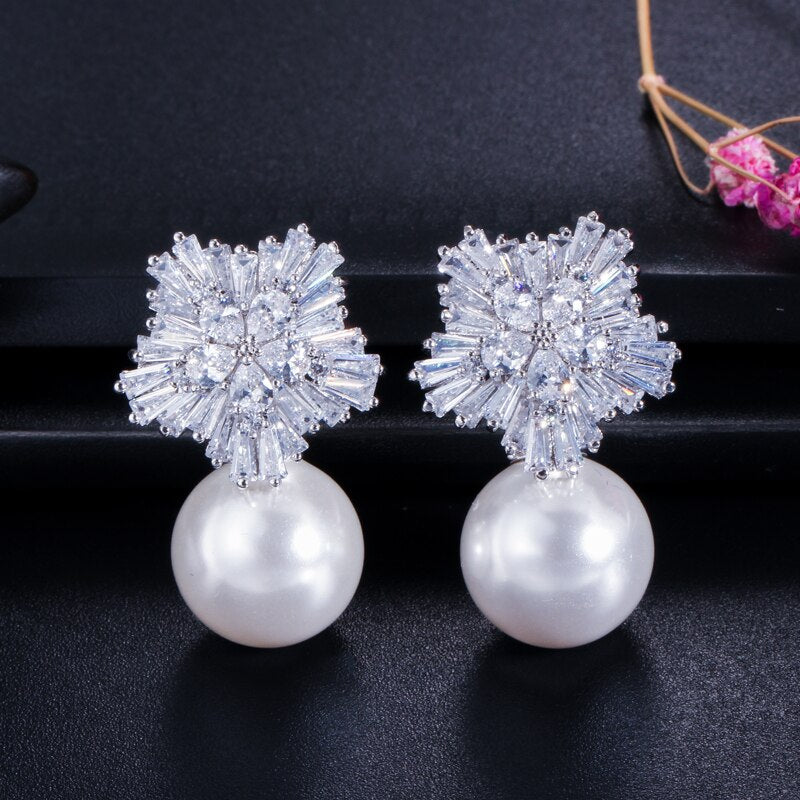 Cubic Zircon Flower Pearl  Set