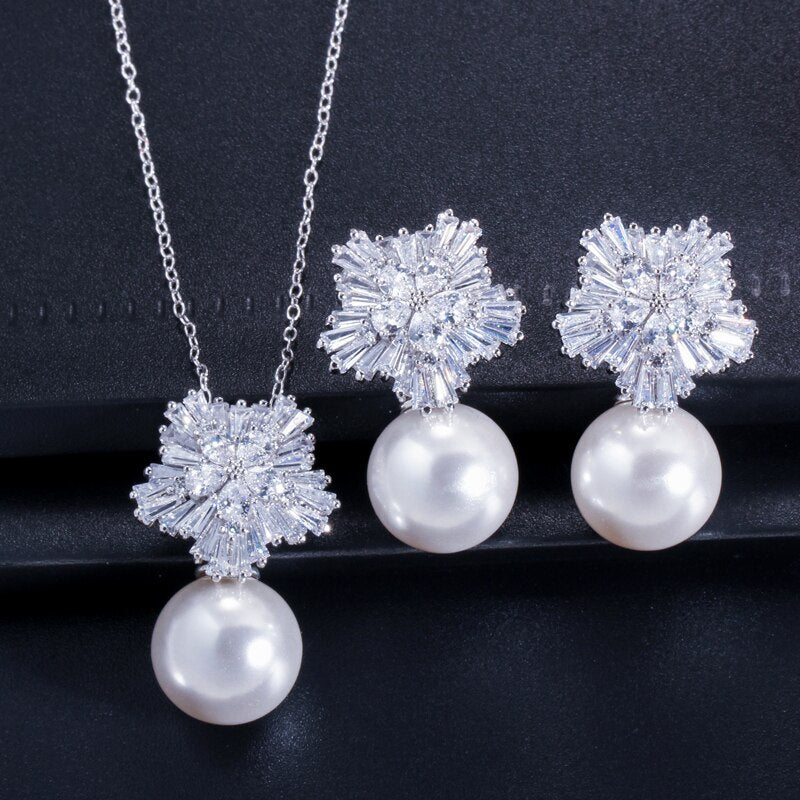 Cubic Zircon Flower Pearl  Set