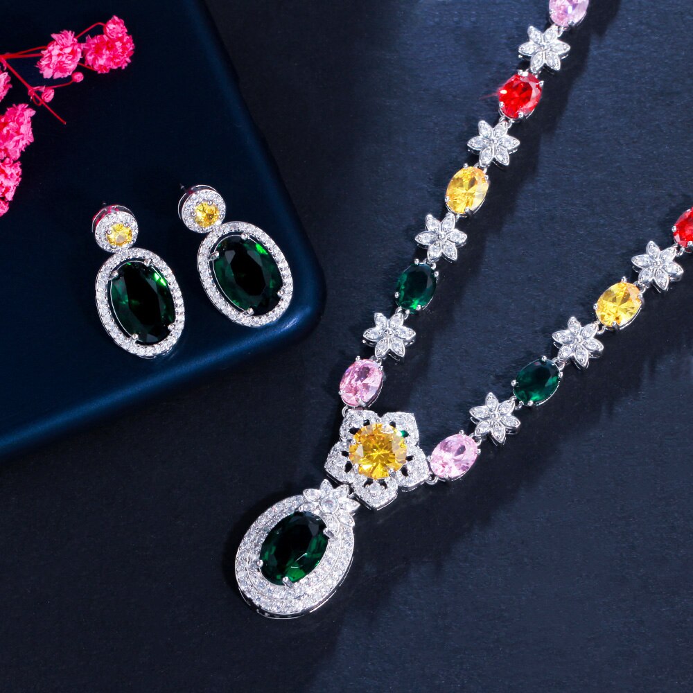 Shiny Colorful Flower CZ Bridal Set