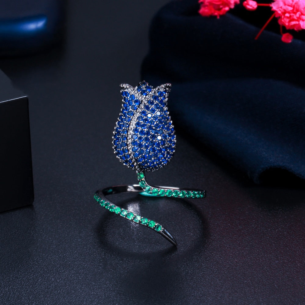 Royal Rose Flower Open Ring blue