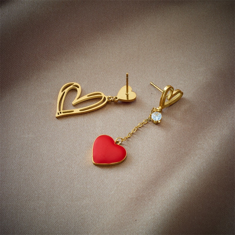 Asymmetric Red Heart Drop Earrings