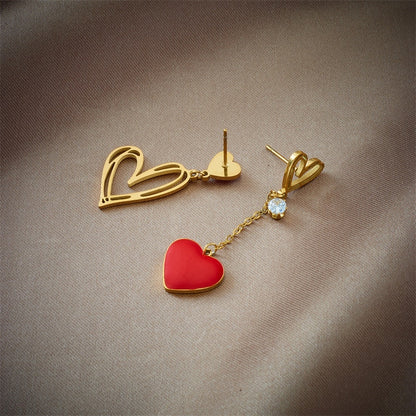 Asymmetric Red Heart Drop Earrings