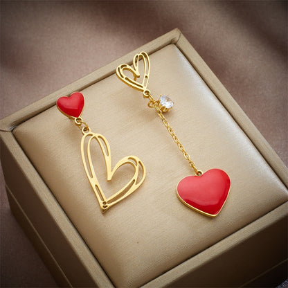 Asymmetric Red Heart Drop Earrings