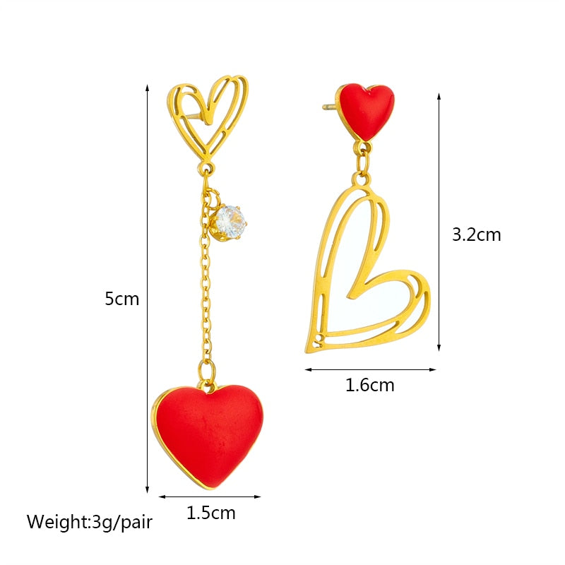 Asymmetric Red Heart Drop Earrings