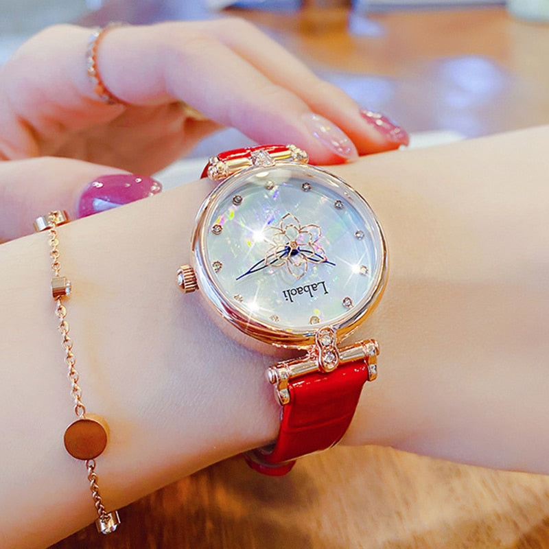 Leather Rose Gold Women Watch red