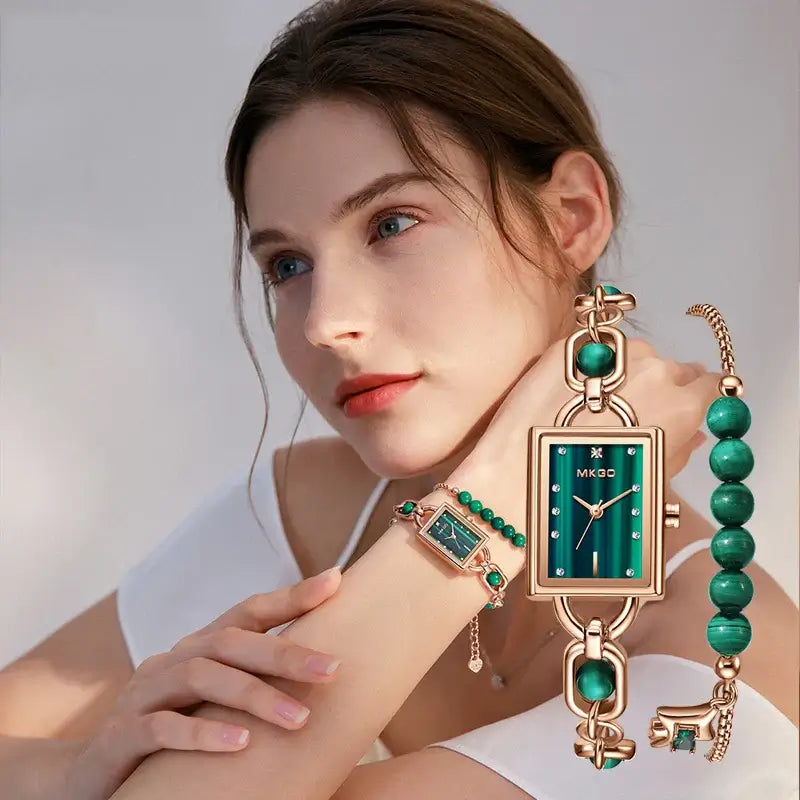 Women Emerald Green Watch Bracelet Set