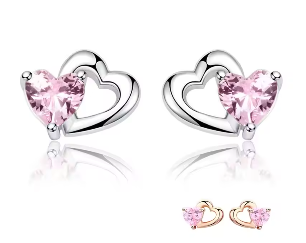 Silver Pink Heart Earrings