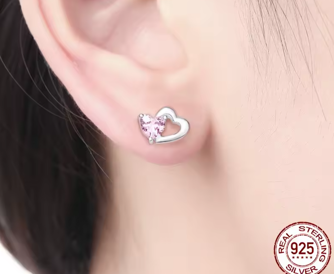 Silver Pink Heart Earrings