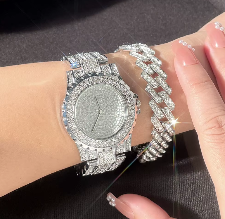 Hip Hop Iced Out Watch for Women Bracelet Set