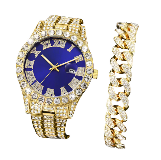 Hip Hop Iced Out Watch for Women Bracelet Set blue