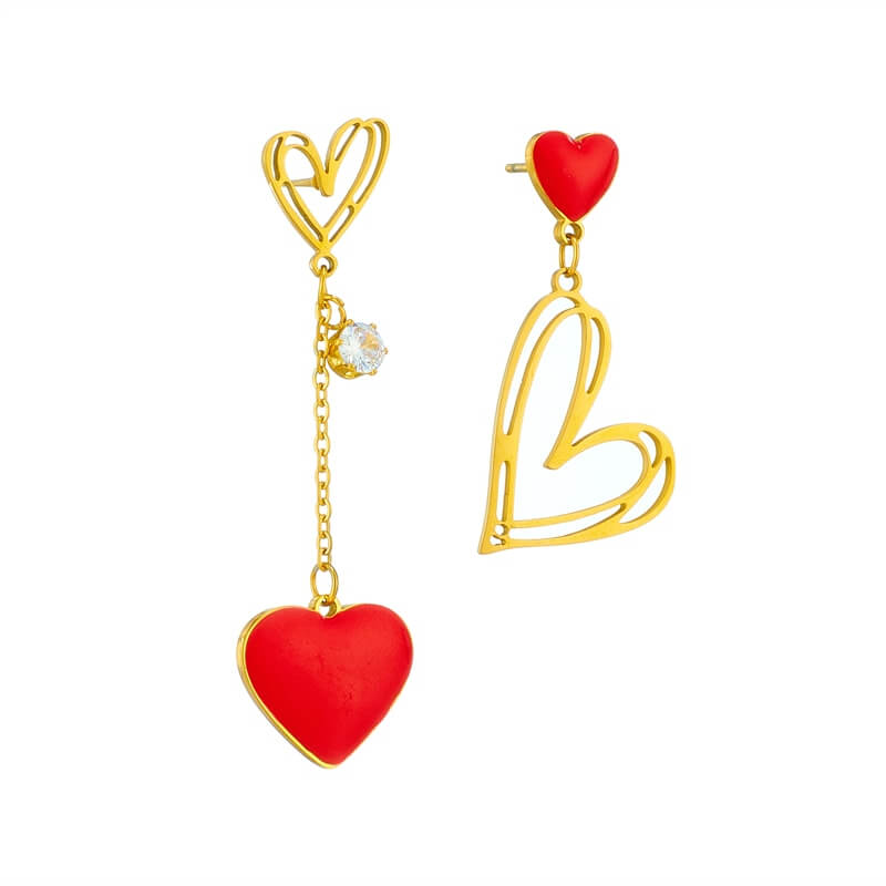 Asymmetric Red Heart Drop Earrings