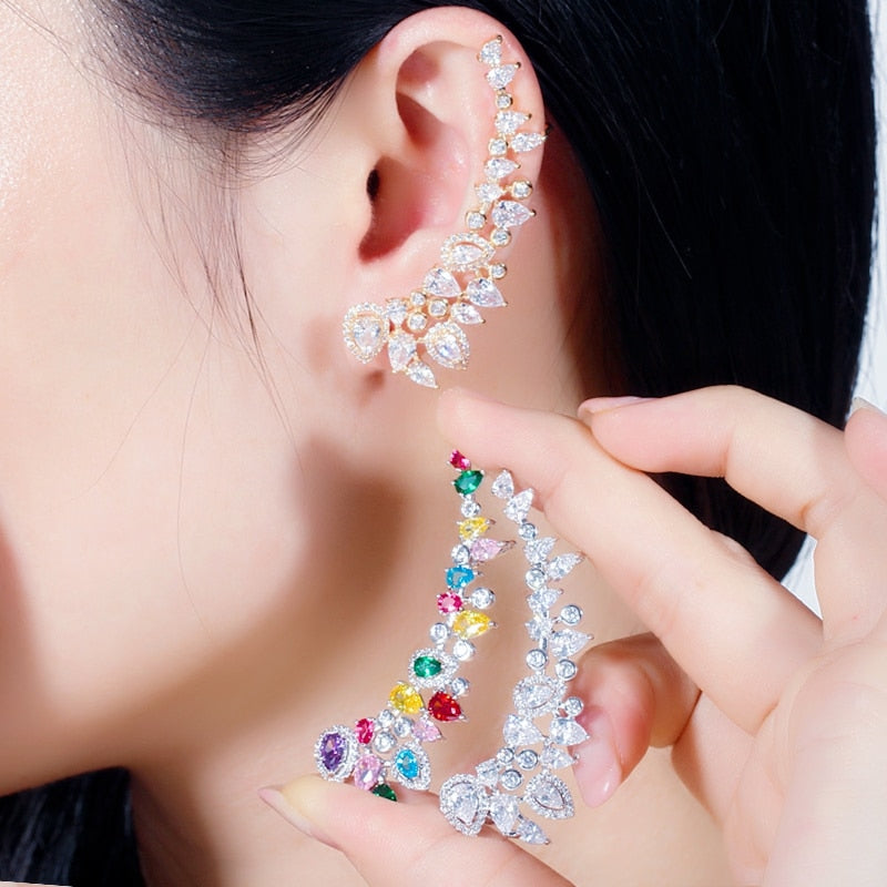 Zircon Long Ear Climber Clamp Stud Earrings