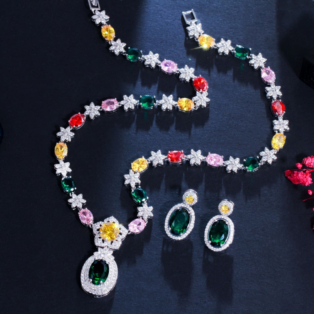 Shiny Colorful Flower CZ Bridal Set