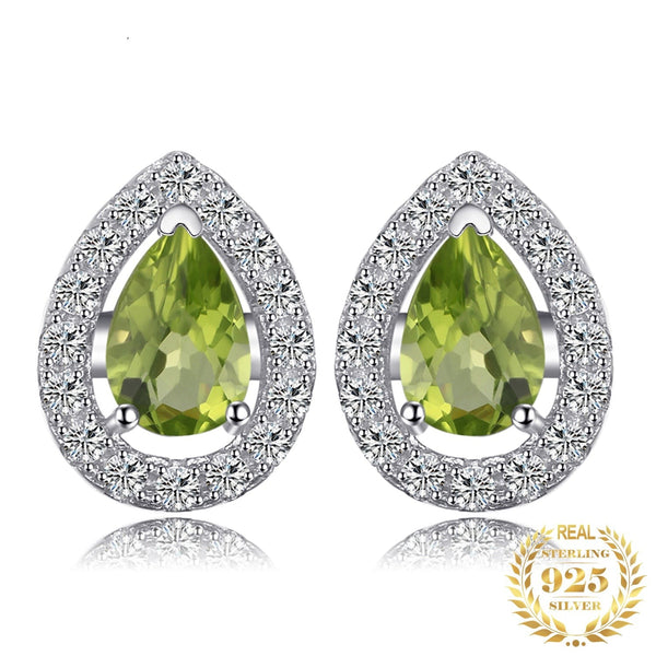 Natural Peridot Silver Green Pear Stud Earrings